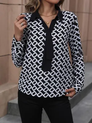 Office Chic Collared Black And White Long Sleeve Shirt