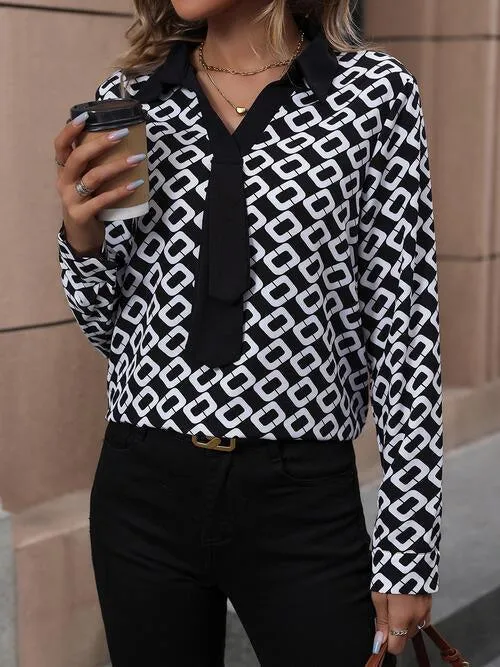 Office Chic Collared Black And White Long Sleeve Shirt