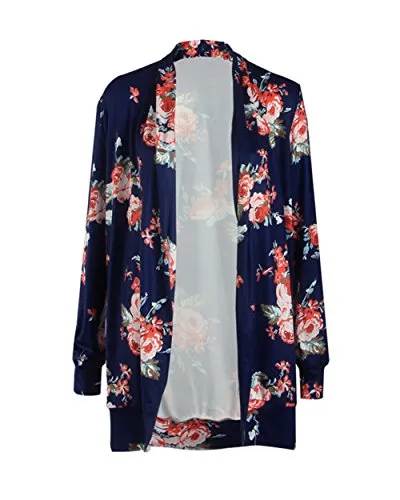 ONLYSHE Women's Casual Open Drape Long Sleeve Kimono Cardigan Blouse Navy Large