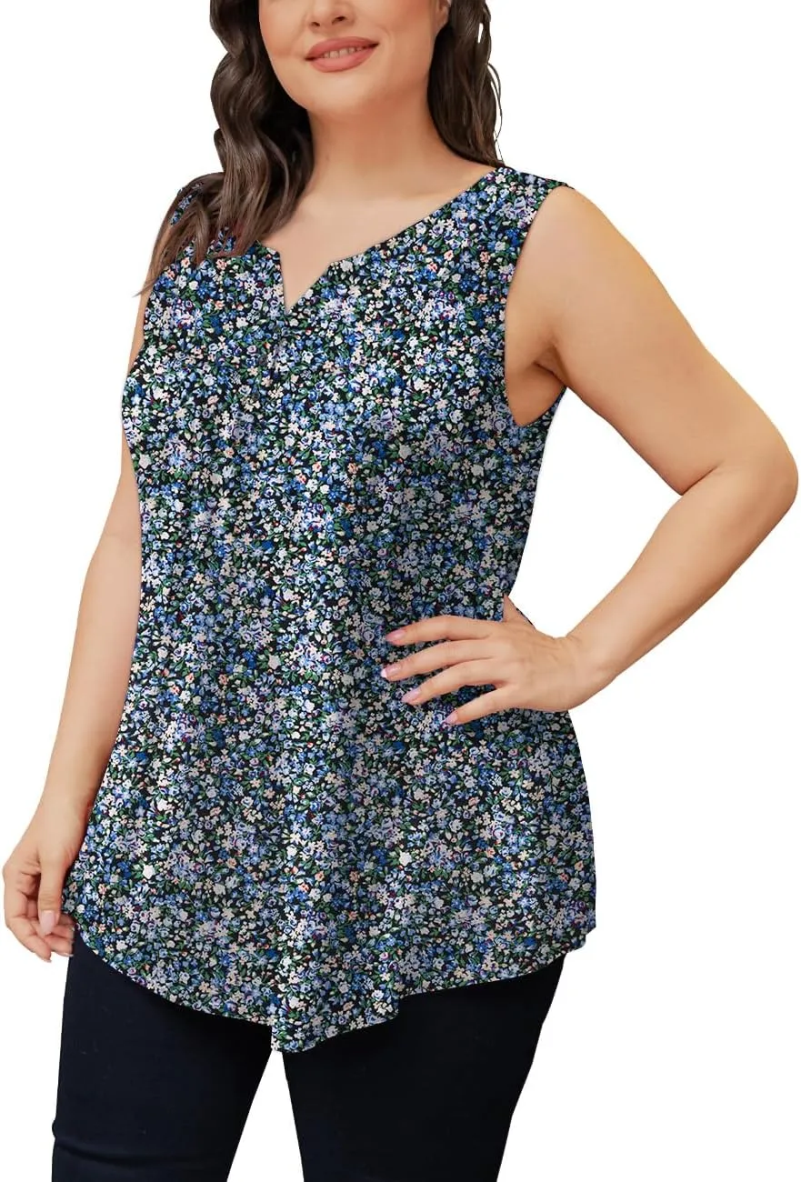 Othyroce Womens Plus Size Tunic Tops Sleeveless Summer Printed Flowy Blouses with Buttons Shirts