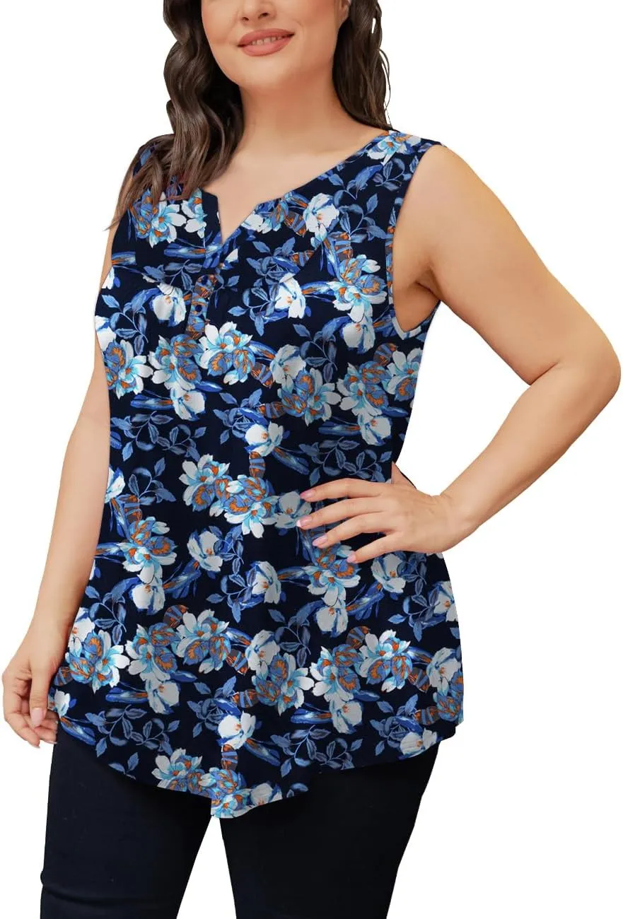 Othyroce Womens Plus Size Tunic Tops Sleeveless Summer Printed Flowy Blouses with Buttons Shirts