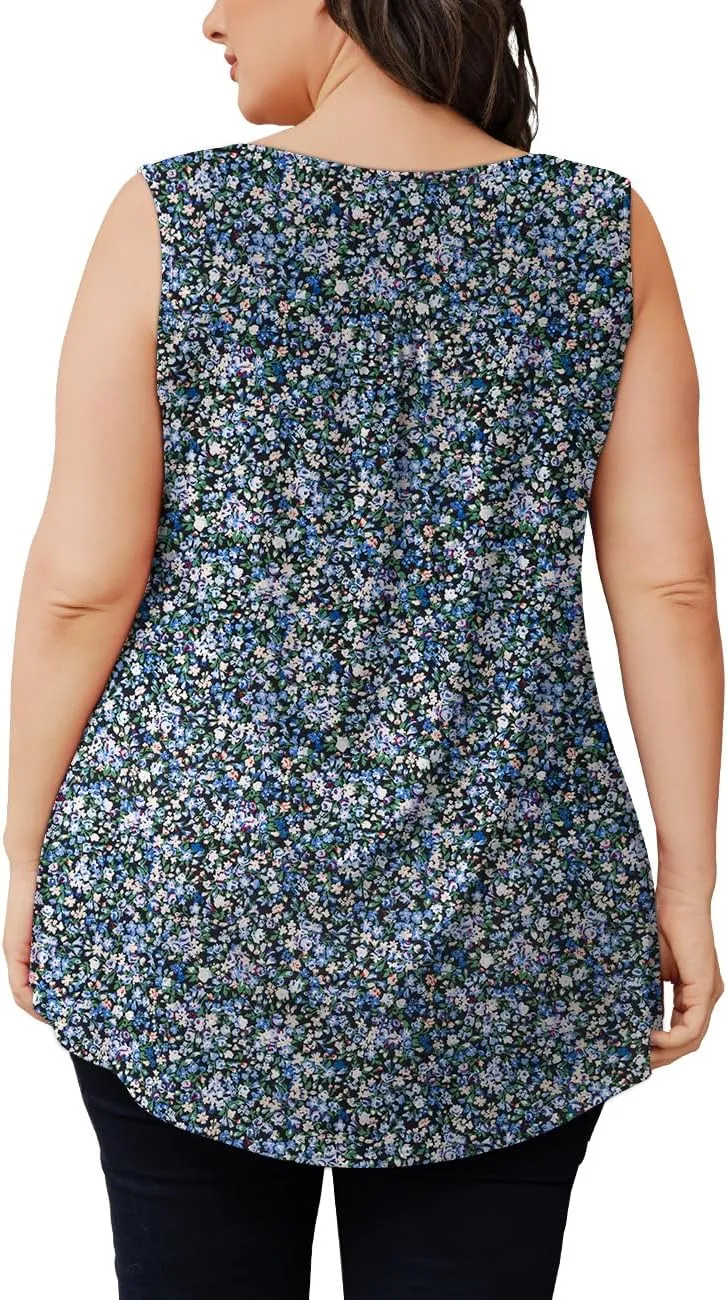 Othyroce Womens Plus Size Tunic Tops Sleeveless Summer Printed Flowy Blouses with Buttons Shirts