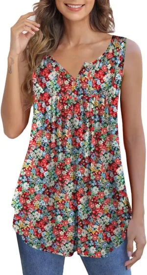 Othyroce Womens Plus Size Tunic Tops Sleeveless Summer Printed Flowy Blouses with Buttons Shirts