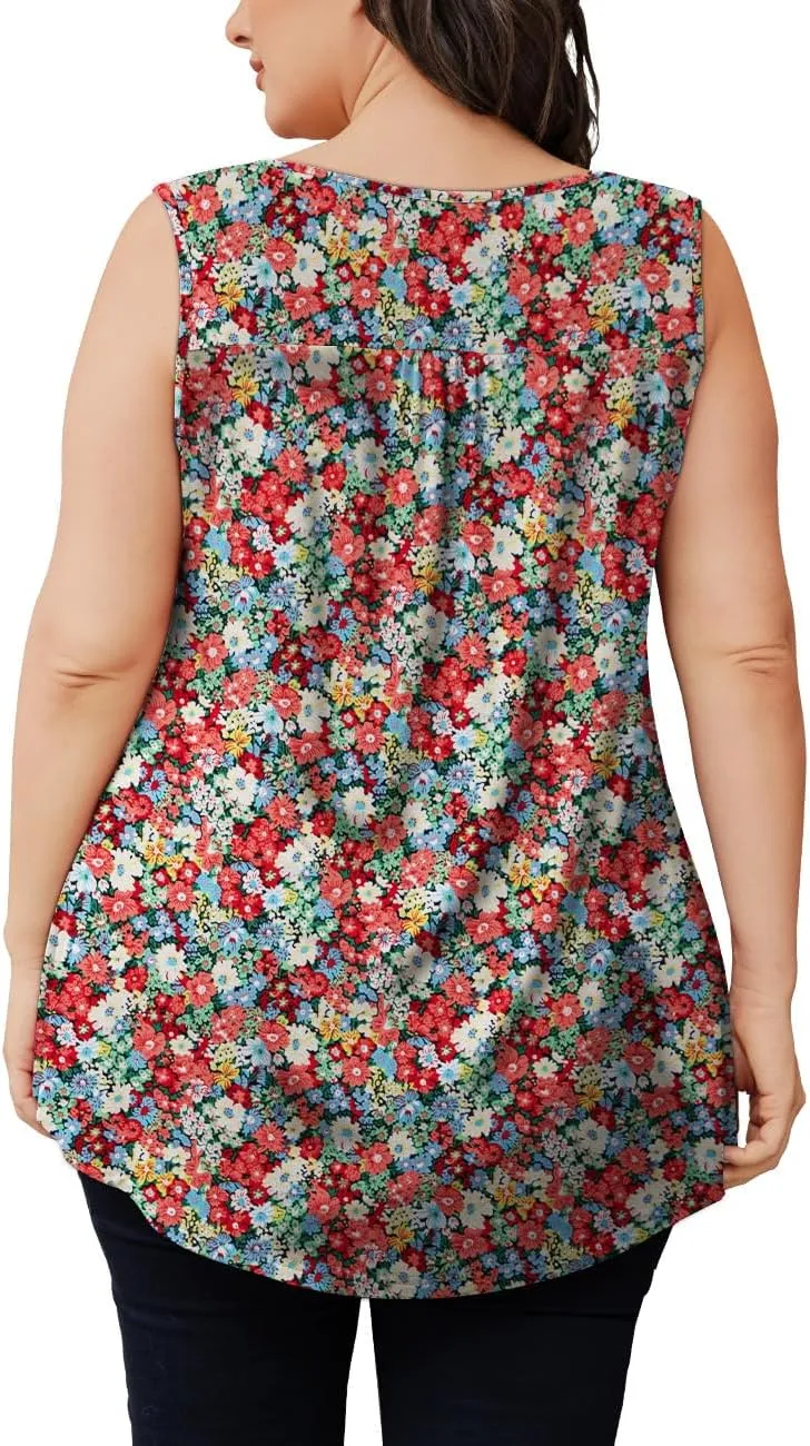 Othyroce Womens Plus Size Tunic Tops Sleeveless Summer Printed Flowy Blouses with Buttons Shirts