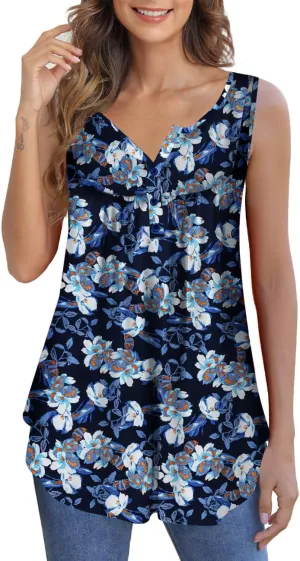 Othyroce Womens Plus Size Tunic Tops Sleeveless Summer Printed Flowy Blouses with Buttons Shirts