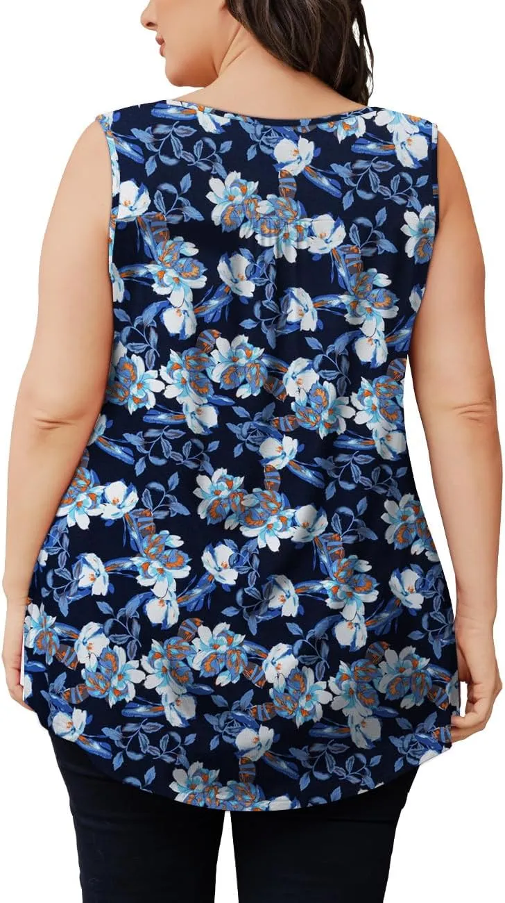 Othyroce Womens Plus Size Tunic Tops Sleeveless Summer Printed Flowy Blouses with Buttons Shirts