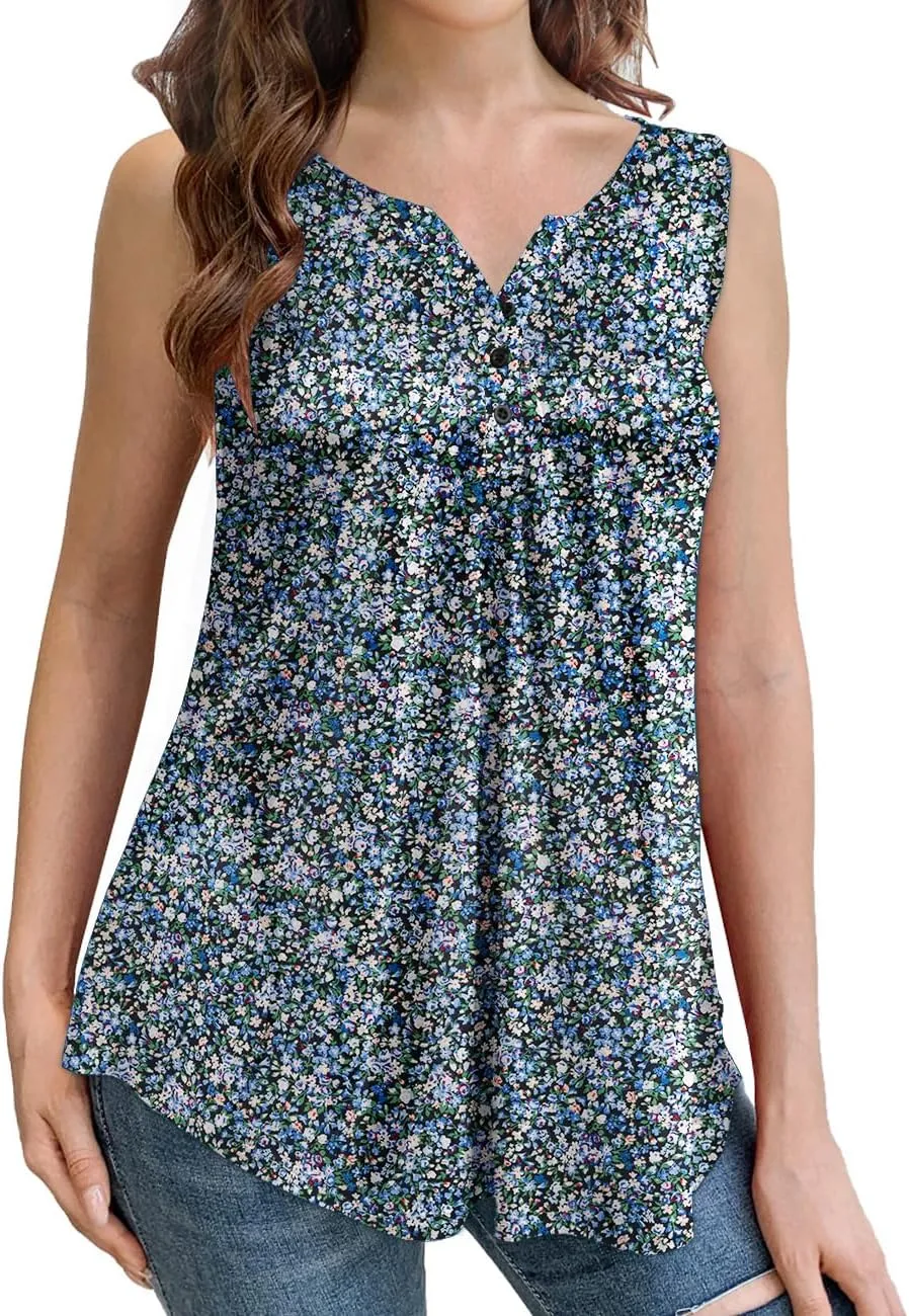 Othyroce Womens Plus Size Tunic Tops Sleeveless Summer Printed Flowy Blouses with Buttons Shirts
