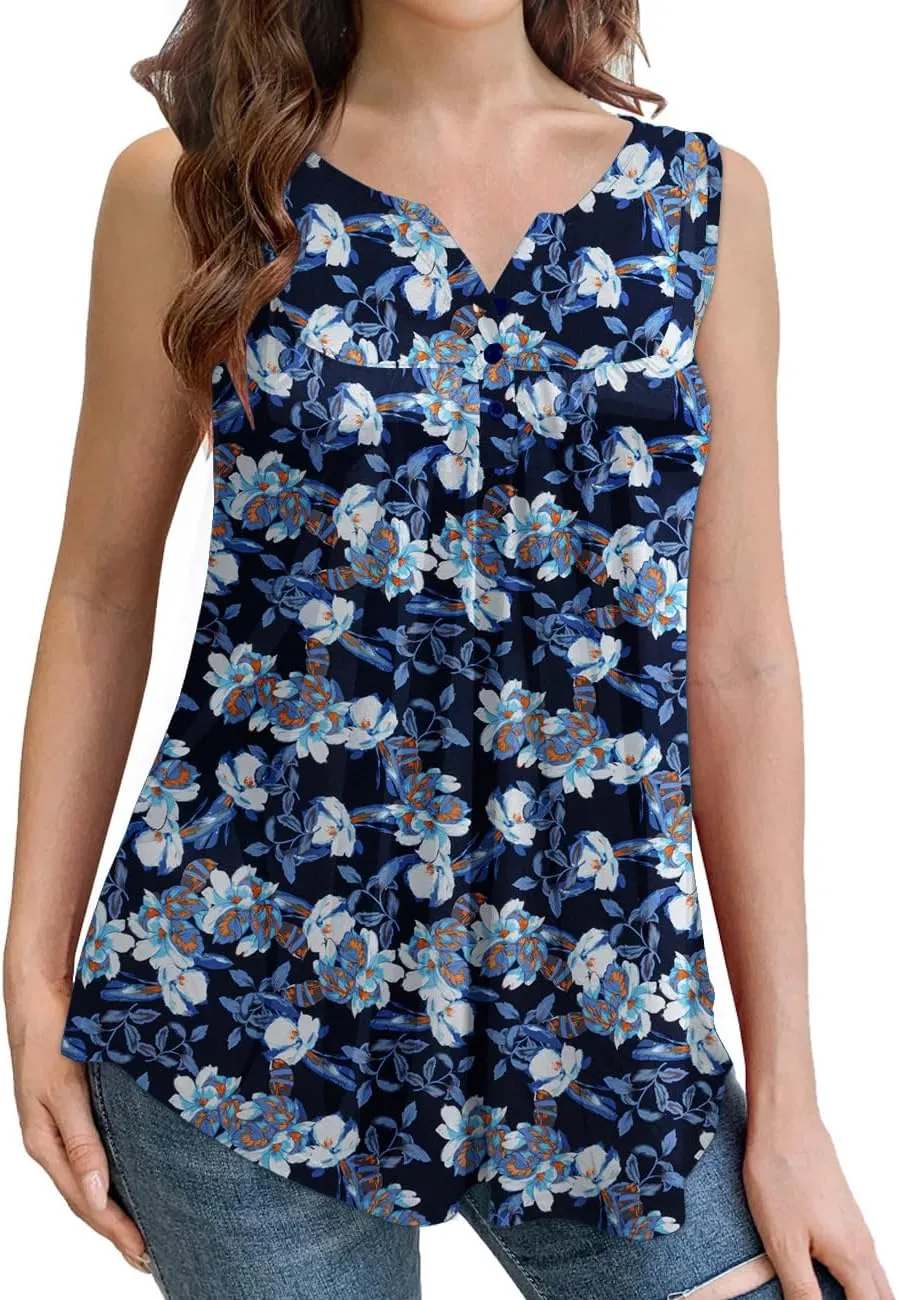 Othyroce Womens Plus Size Tunic Tops Sleeveless Summer Printed Flowy Blouses with Buttons Shirts