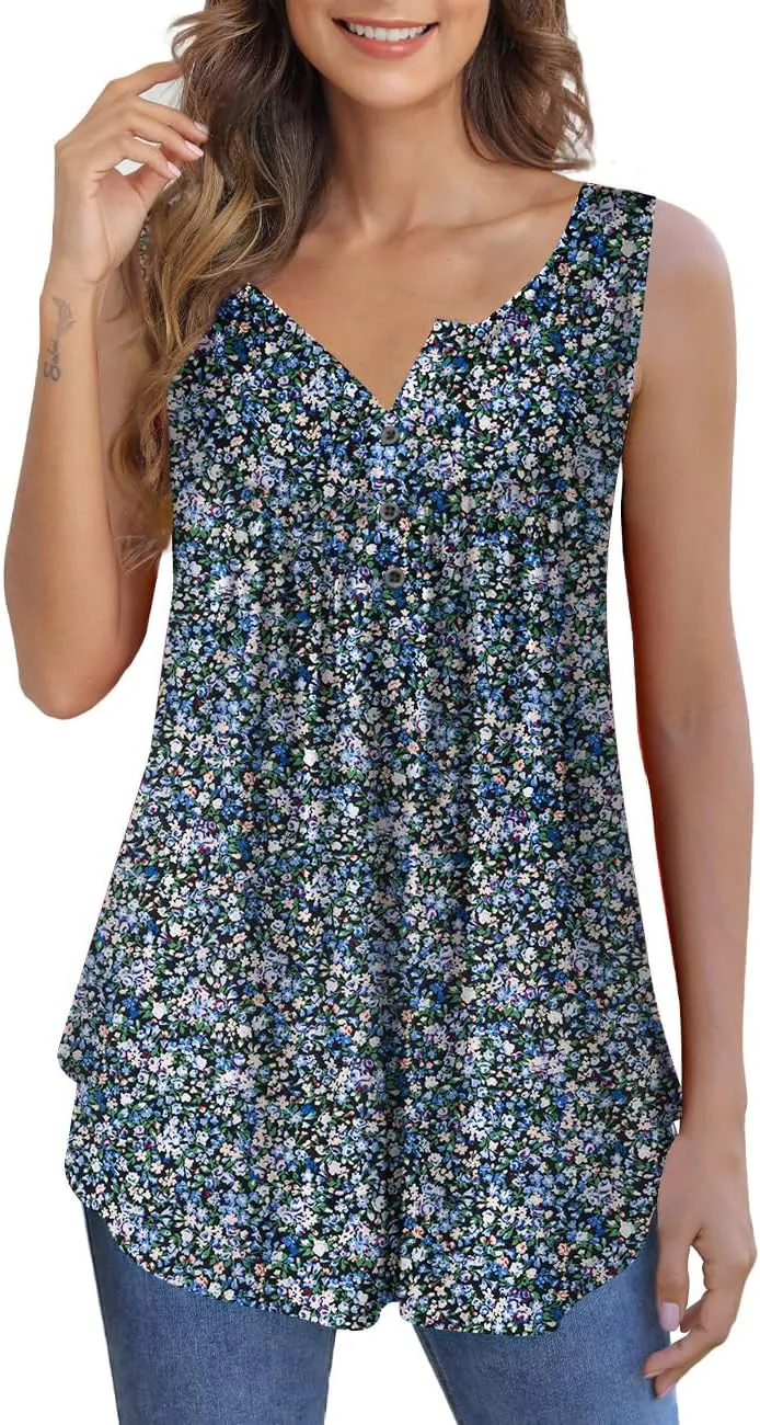 Othyroce Womens Plus Size Tunic Tops Sleeveless Summer Printed Flowy Blouses with Buttons Shirts