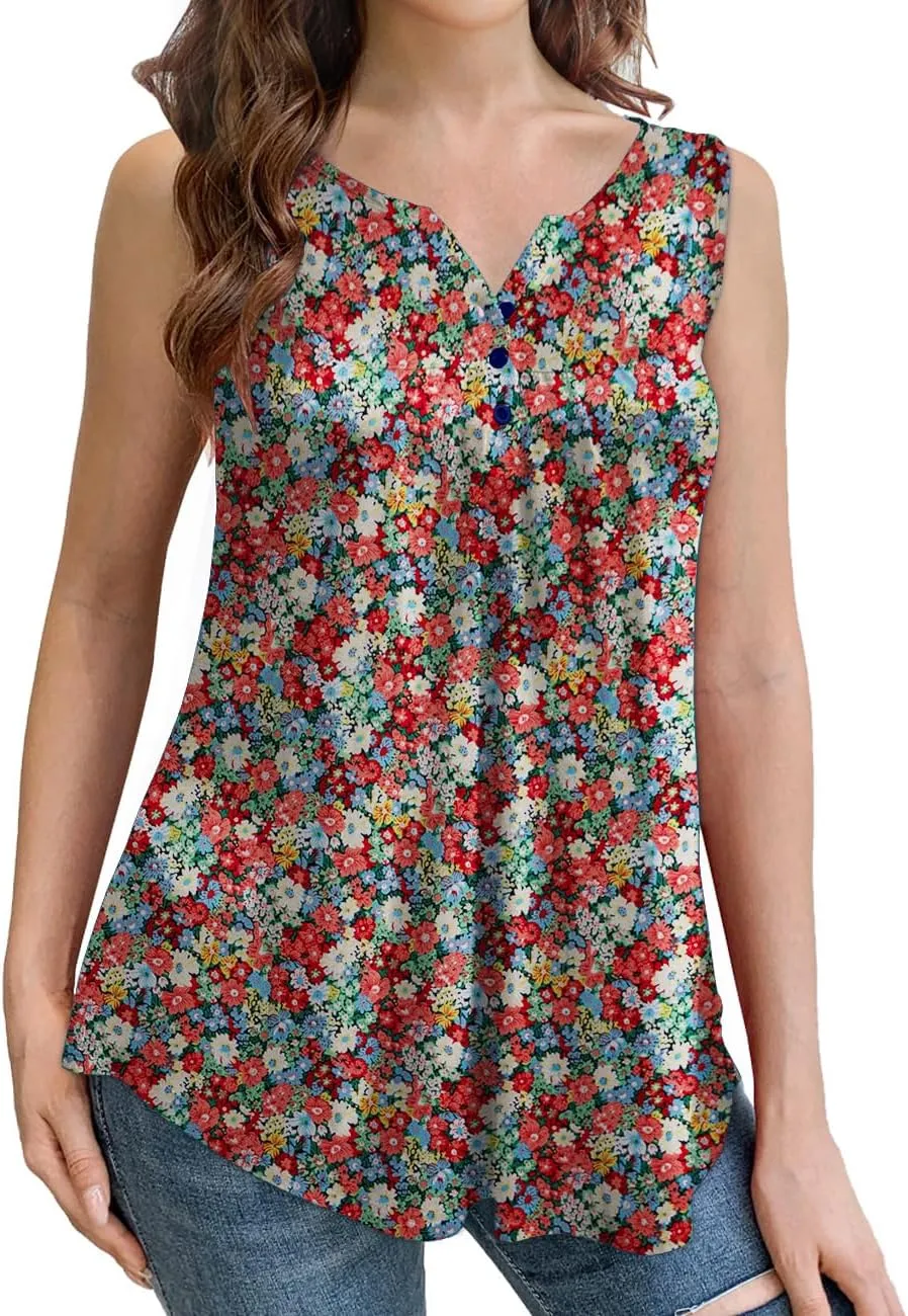 Othyroce Womens Plus Size Tunic Tops Sleeveless Summer Printed Flowy Blouses with Buttons Shirts