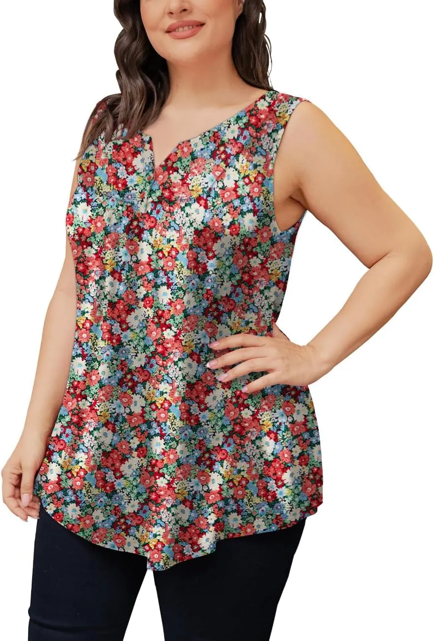 Othyroce Womens Plus Size Tunic Tops Sleeveless Summer Printed Flowy Blouses with Buttons Shirts