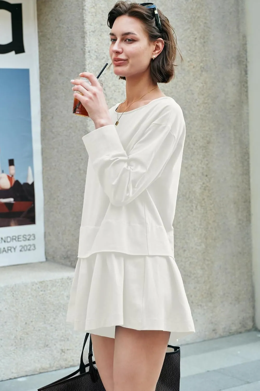 Panadila Womens Long Sleeve Short Romper Dress Oversized Crewneck One Piece Jumpsuit Open Back Layered Casual Outfits