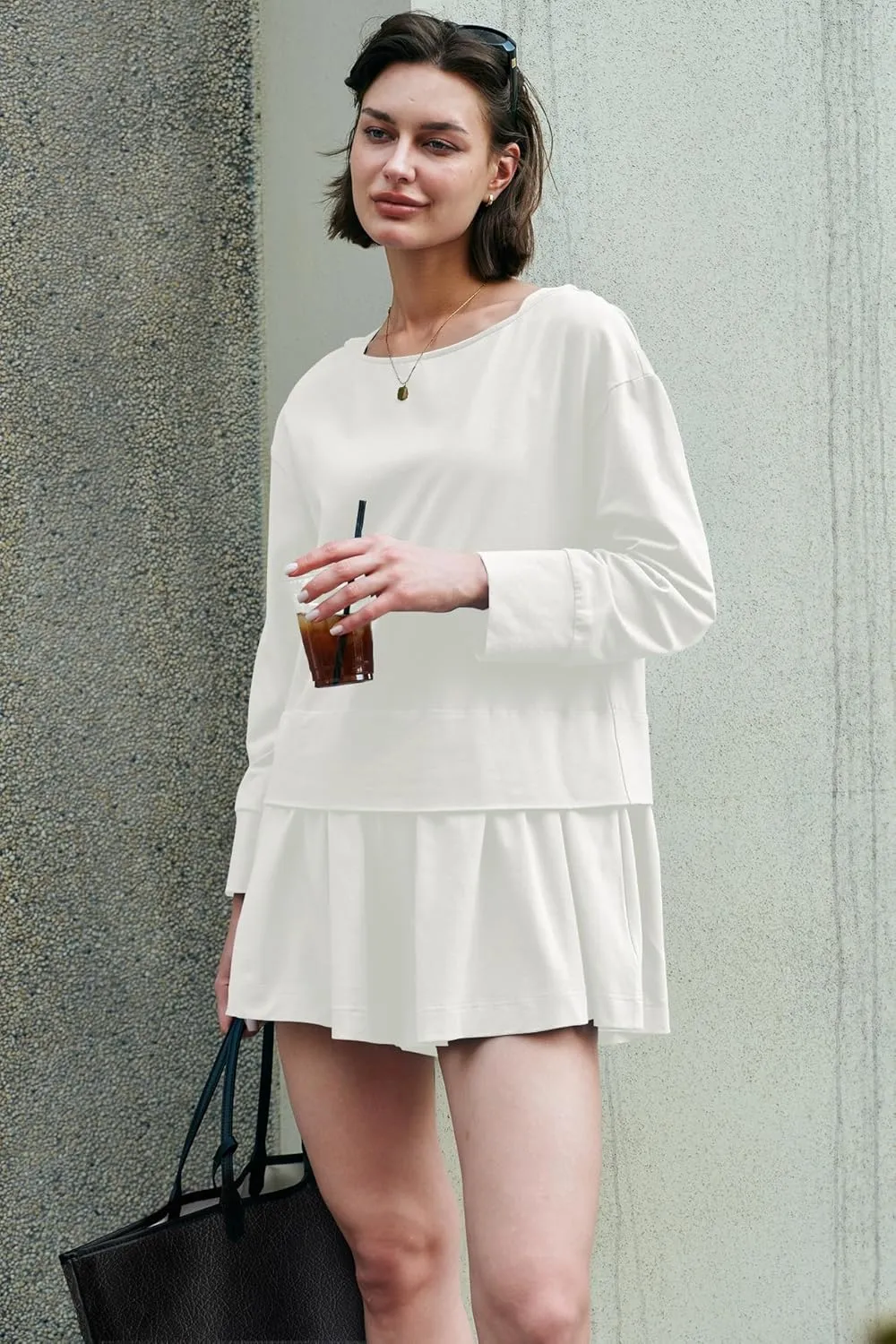 Panadila Womens Long Sleeve Short Romper Dress Oversized Crewneck One Piece Jumpsuit Open Back Layered Casual Outfits