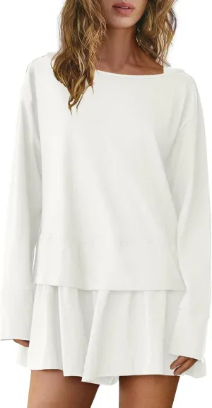 Panadila Womens Long Sleeve Short Romper Dress Oversized Crewneck One Piece Jumpsuit Open Back Layered Casual Outfits