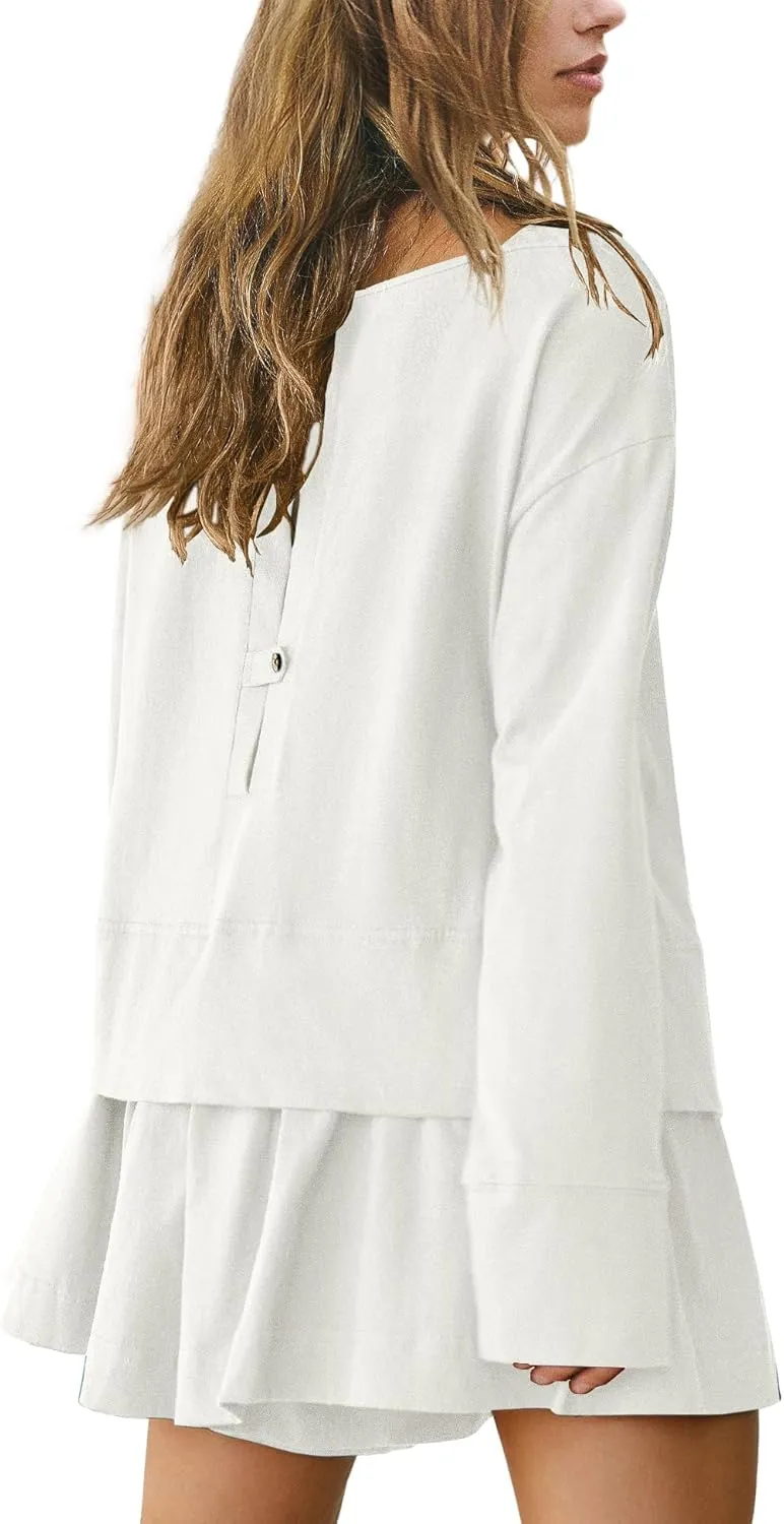 Panadila Womens Long Sleeve Short Romper Dress Oversized Crewneck One Piece Jumpsuit Open Back Layered Casual Outfits