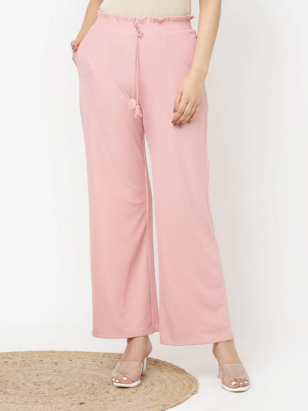 Pink Textured Flared Palazzo with Tessel Details