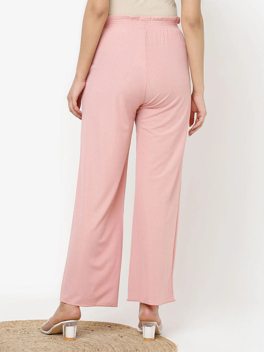 Pink Textured Flared Palazzo with Tessel Details