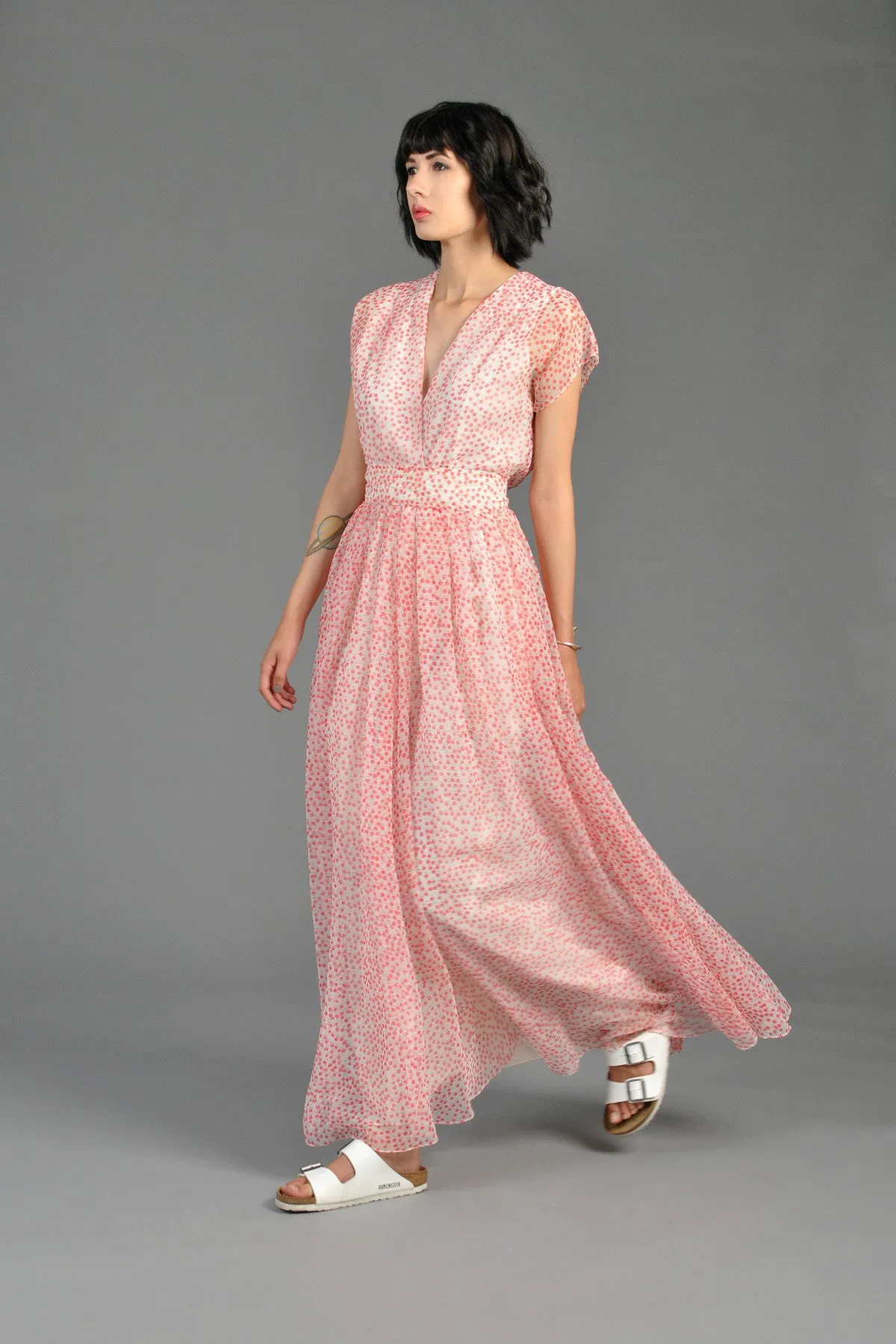 Pink   White Dotted 1970s Chiffon Maxi Dress