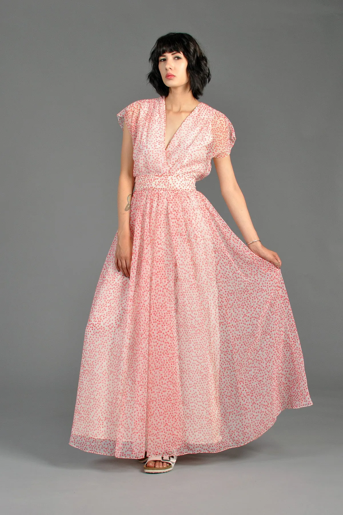 Pink   White Dotted 1970s Chiffon Maxi Dress