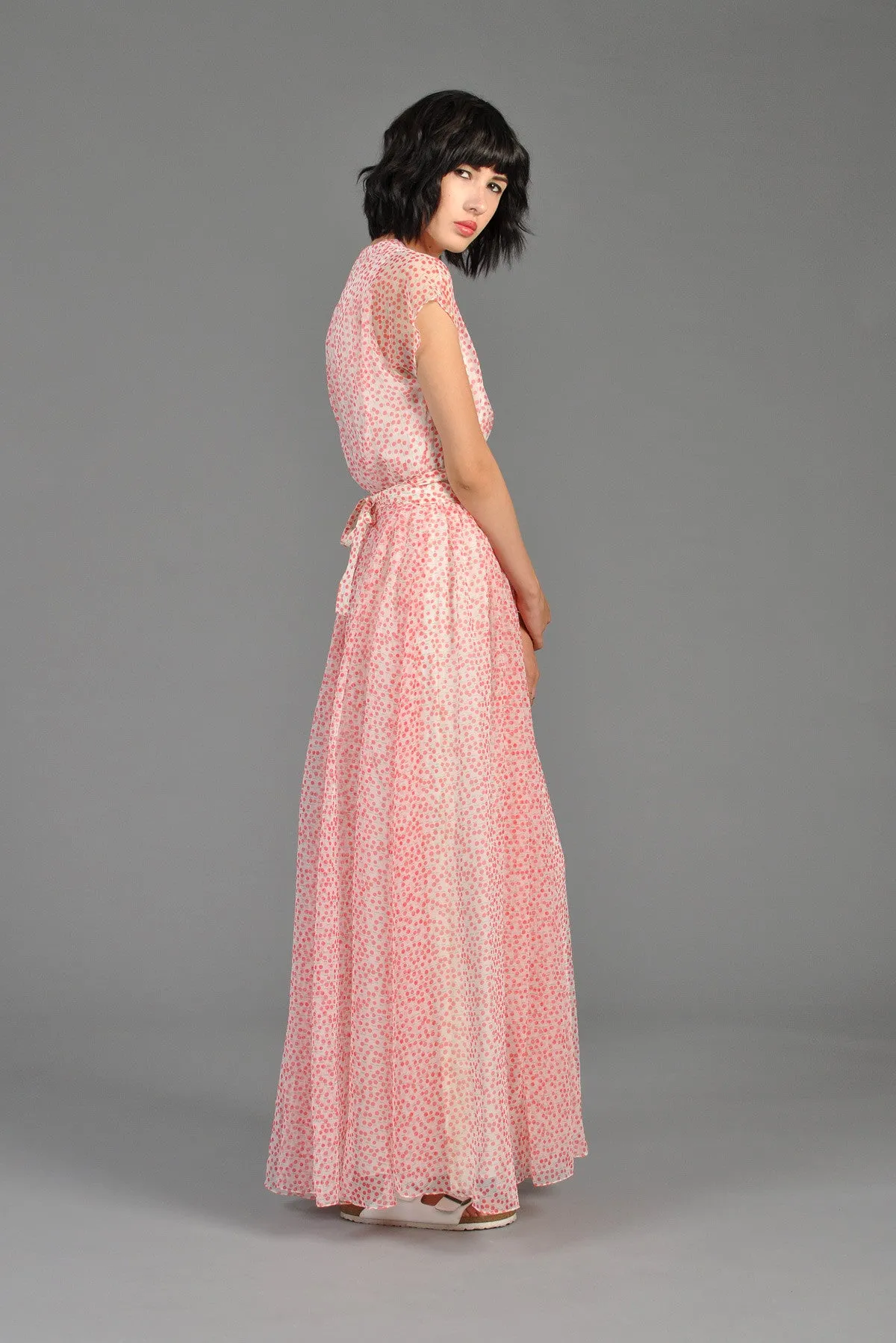 Pink   White Dotted 1970s Chiffon Maxi Dress
