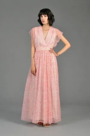Pink   White Dotted 1970s Chiffon Maxi Dress