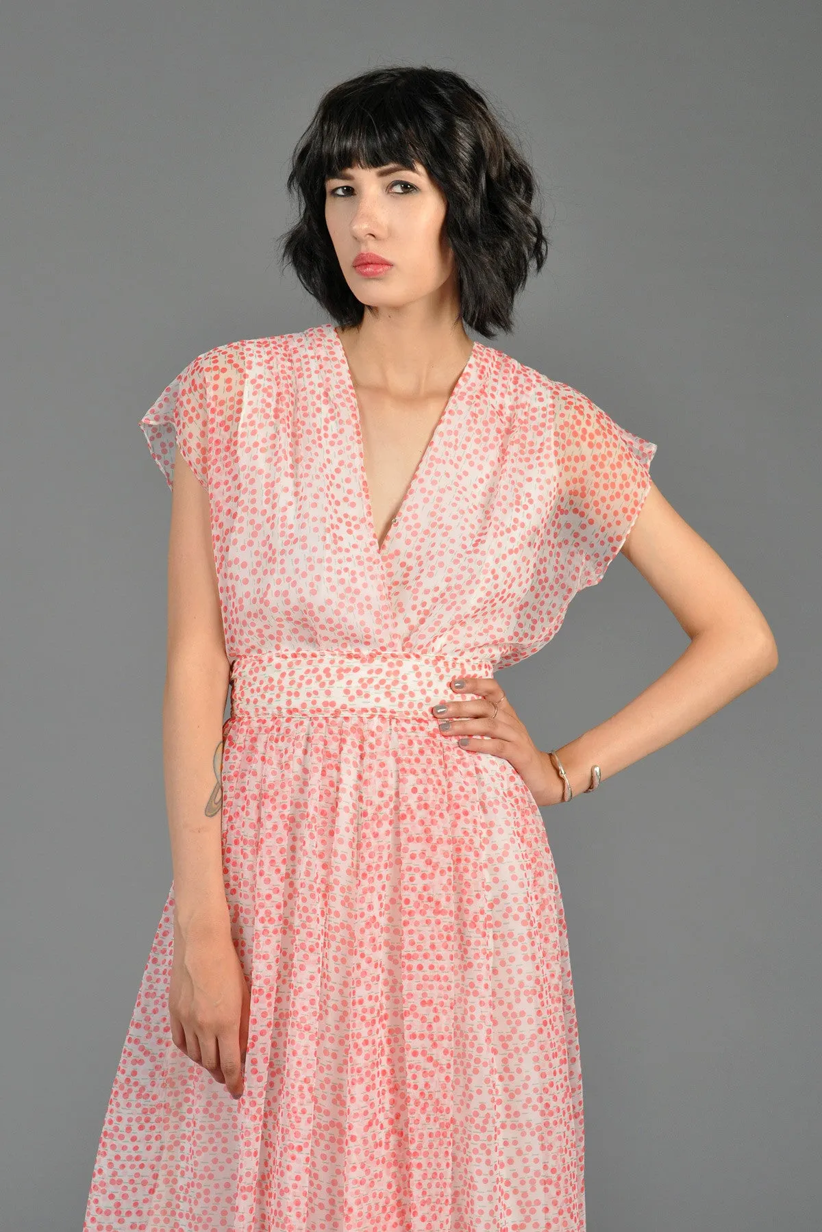 Pink   White Dotted 1970s Chiffon Maxi Dress