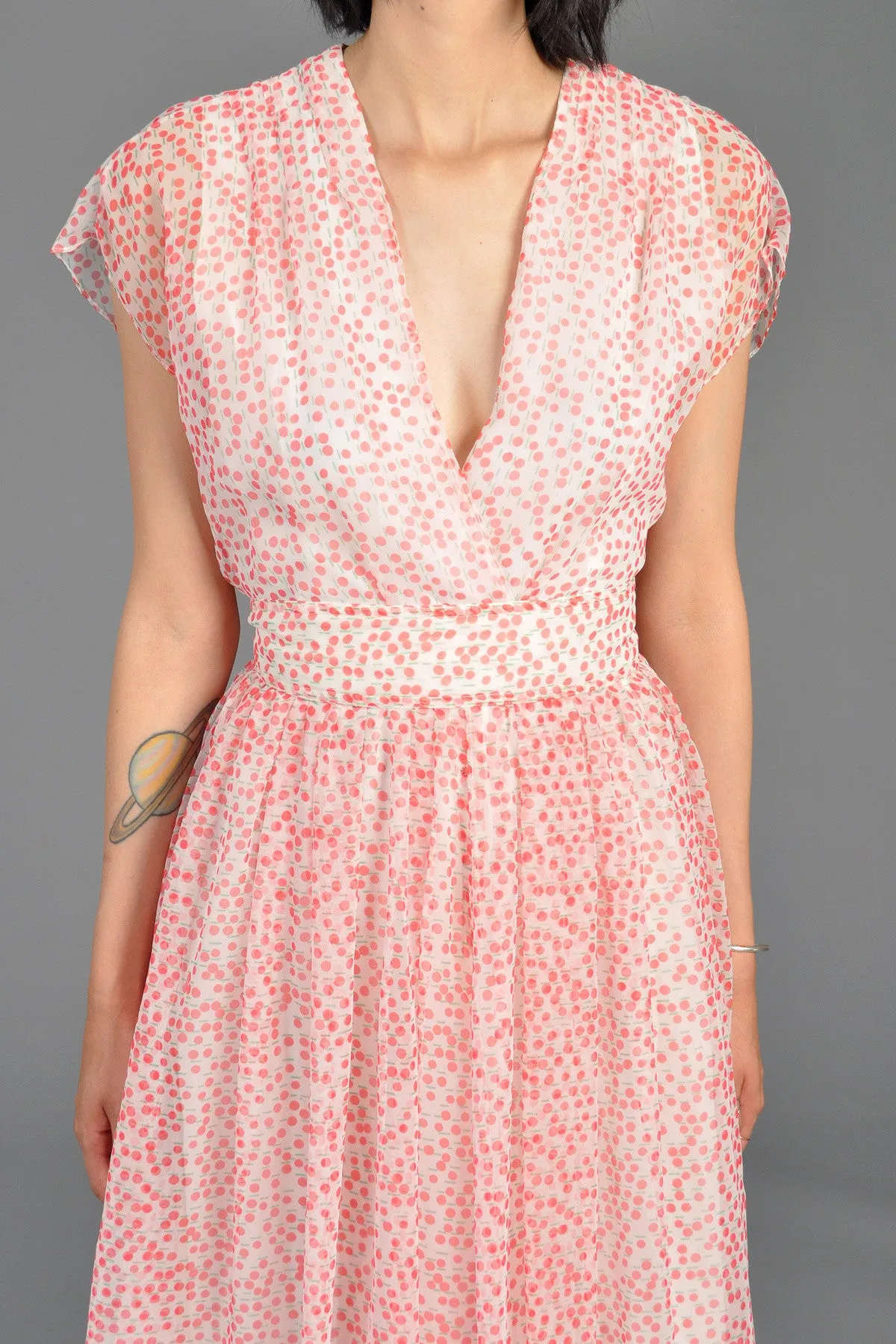 Pink   White Dotted 1970s Chiffon Maxi Dress