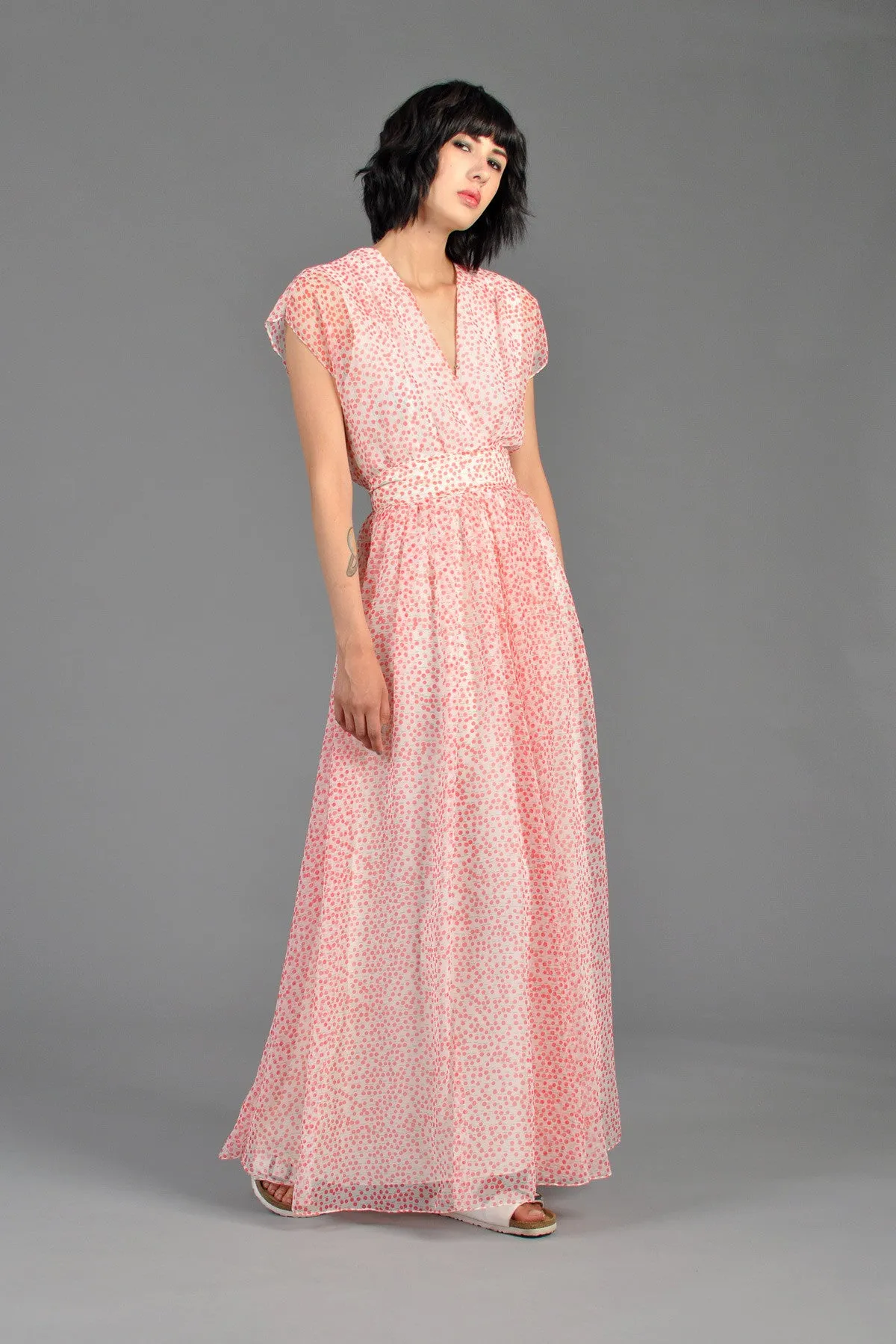 Pink   White Dotted 1970s Chiffon Maxi Dress