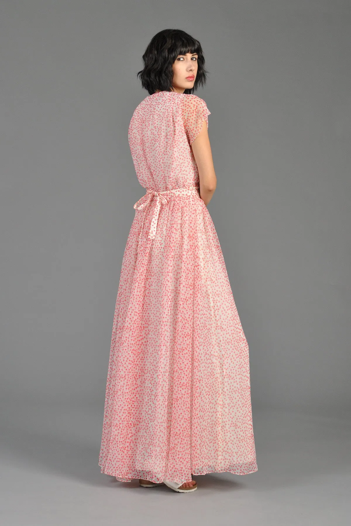 Pink   White Dotted 1970s Chiffon Maxi Dress