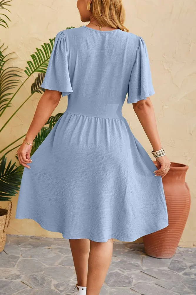 Plain V Neck Flare Sleeves High Waist Dress