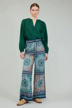 print smock waist wide leg pant