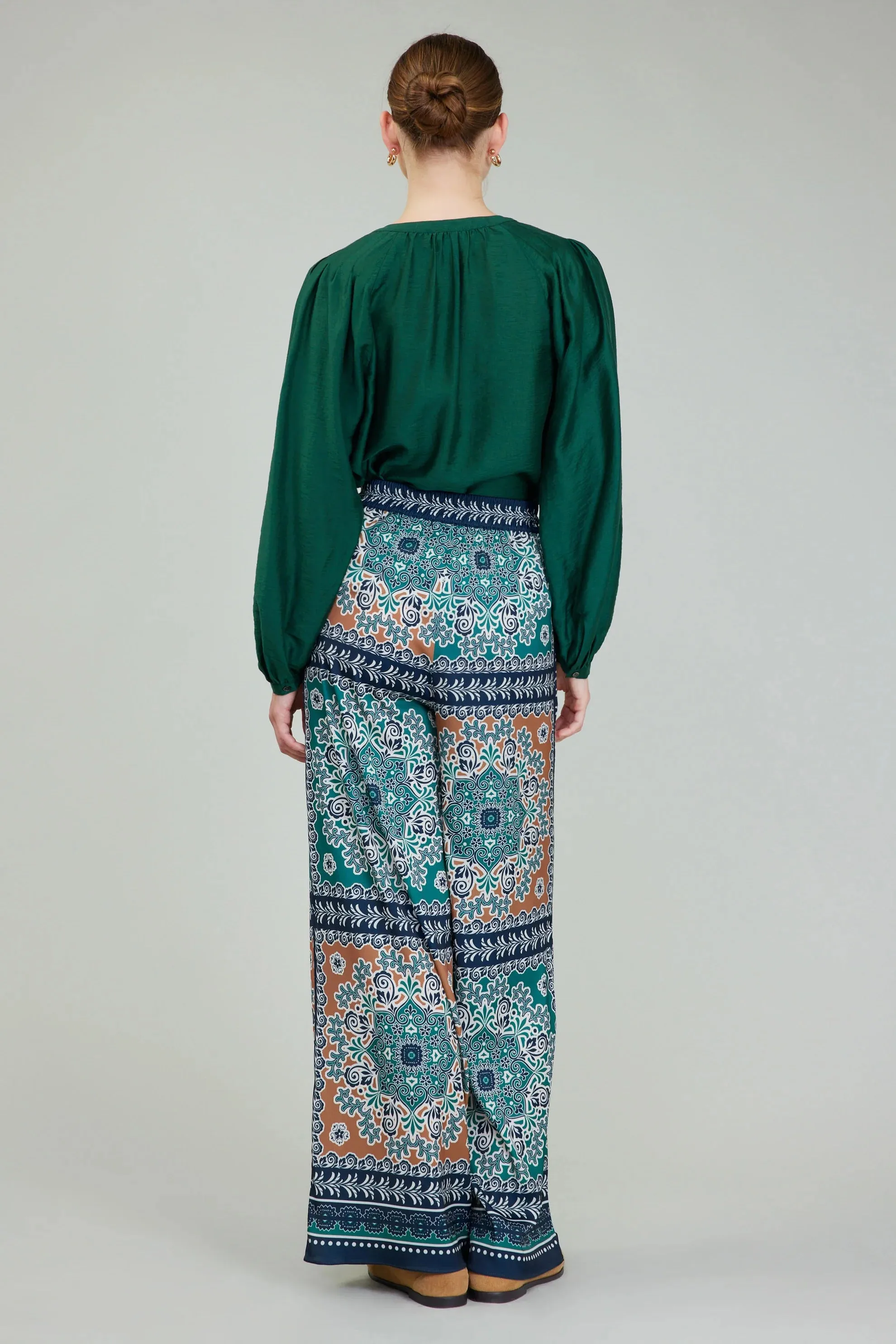 print smock waist wide leg pant