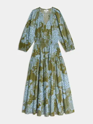 Pure cotton printed v-neck midi waisted dress