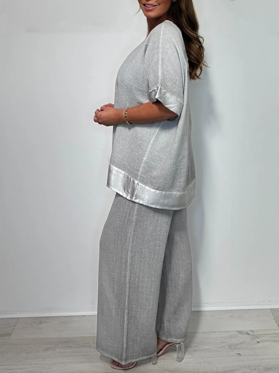 Satin Trim V-Neck Oversize Trouser Co-ord