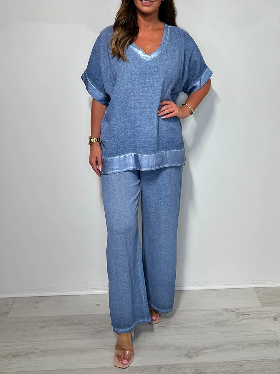 Satin Trim V-Neck Oversize Trouser Co-ord