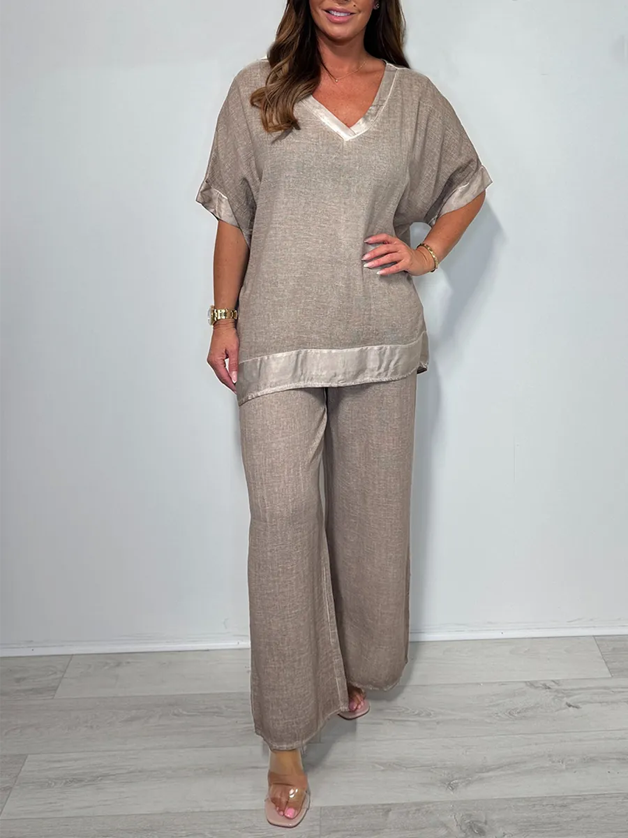Satin Trim V-Neck Oversize Trouser Co-ord