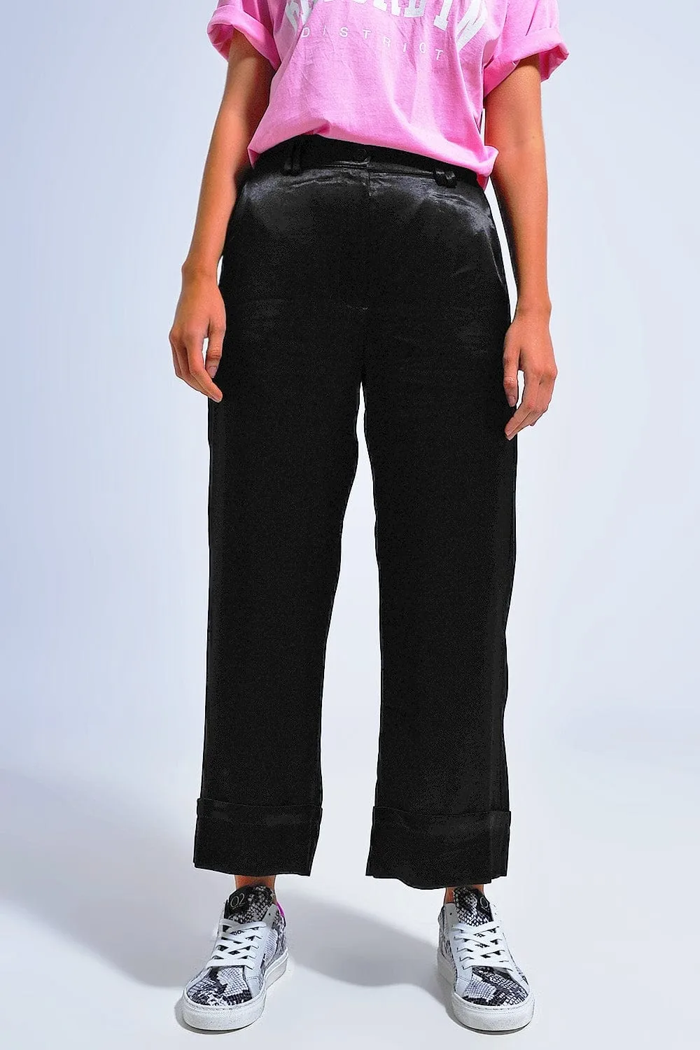 Satin Wide Leg Suit Pants In Black