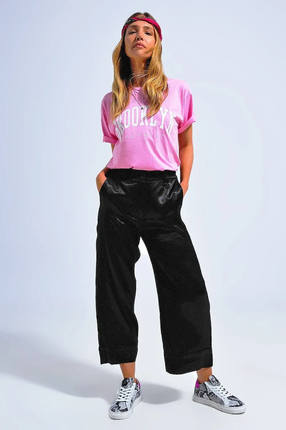 Satin Wide Leg Suit Pants In Black