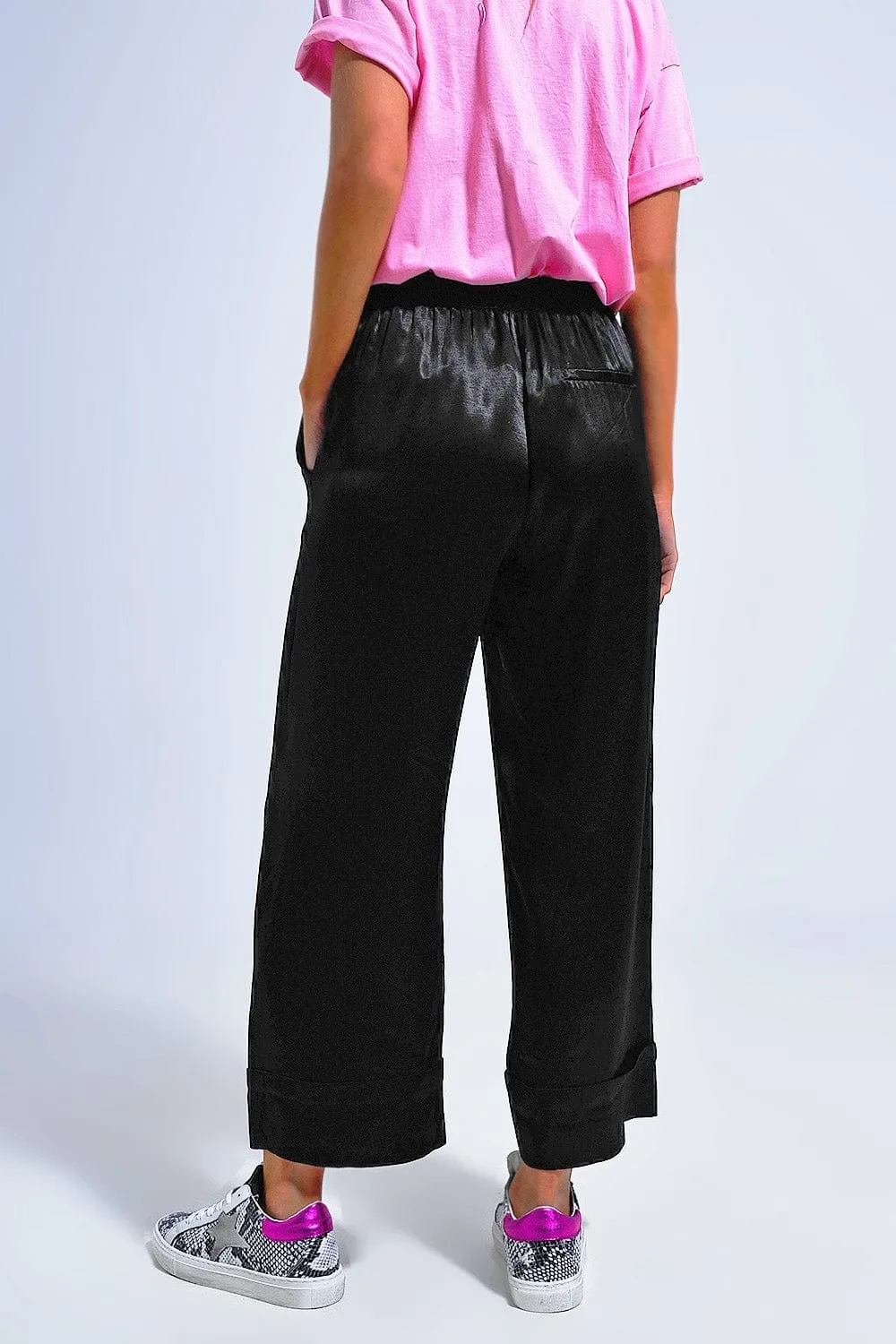 Satin Wide Leg Suit Pants In Black