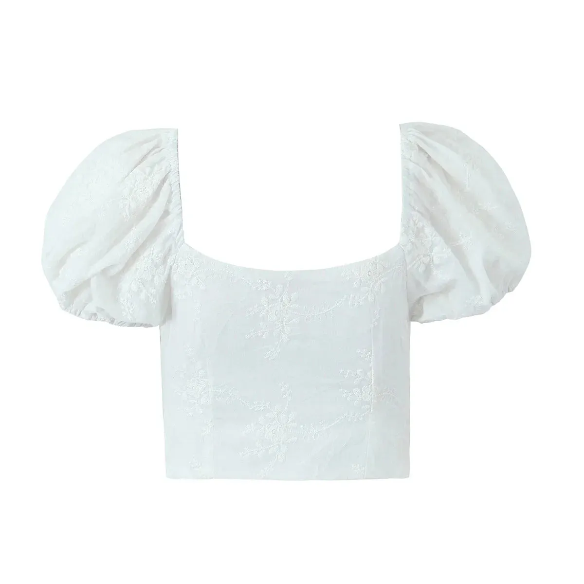 Sexy Corset Puff SleeveWhite Ruched Square Waist Bodycon Crop Blouse