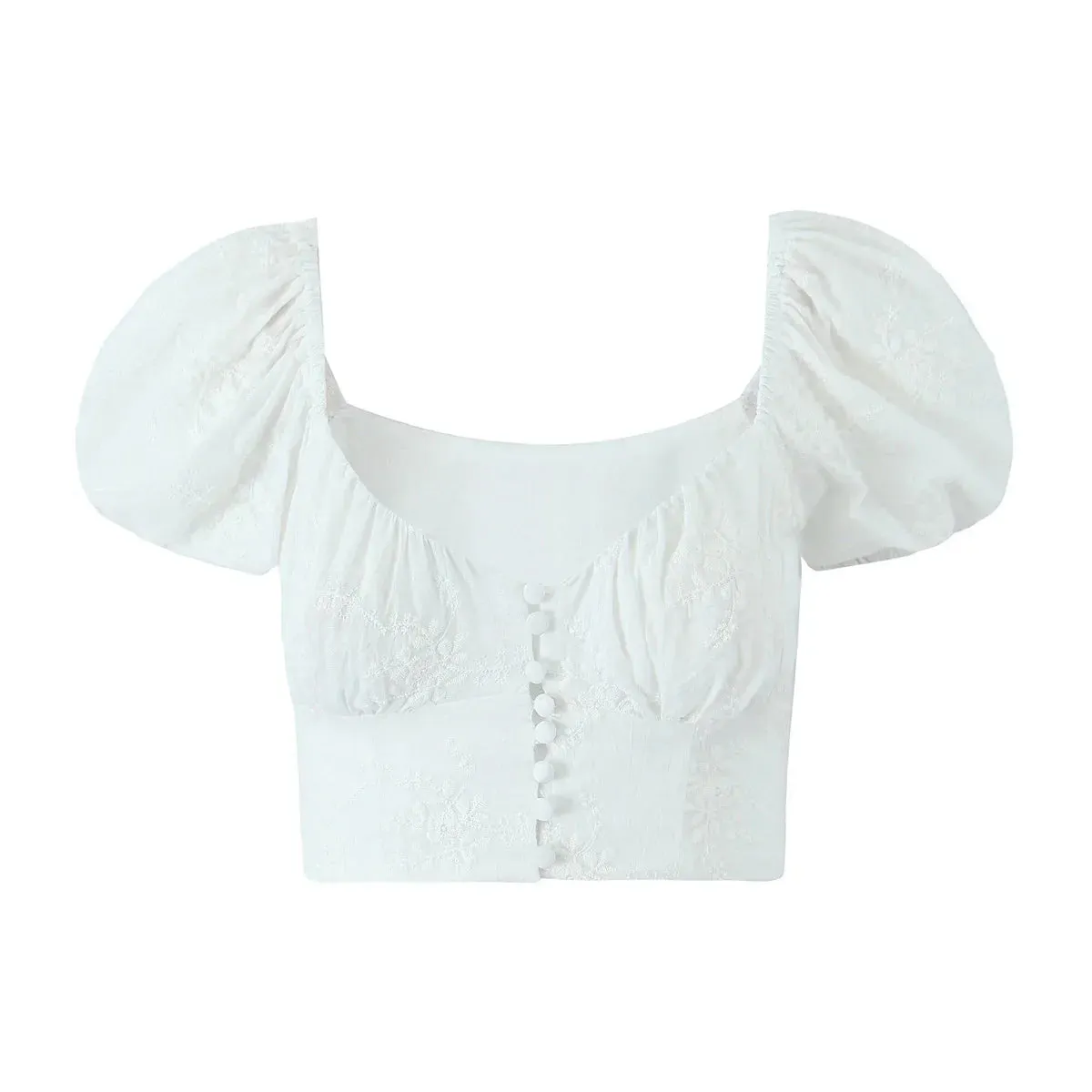 Sexy Corset Puff SleeveWhite Ruched Square Waist Bodycon Crop Blouse