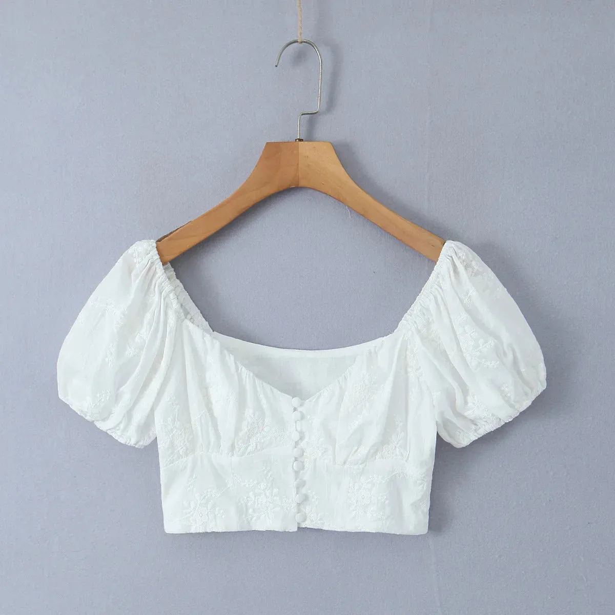 Sexy Corset Puff SleeveWhite Ruched Square Waist Bodycon Crop Blouse