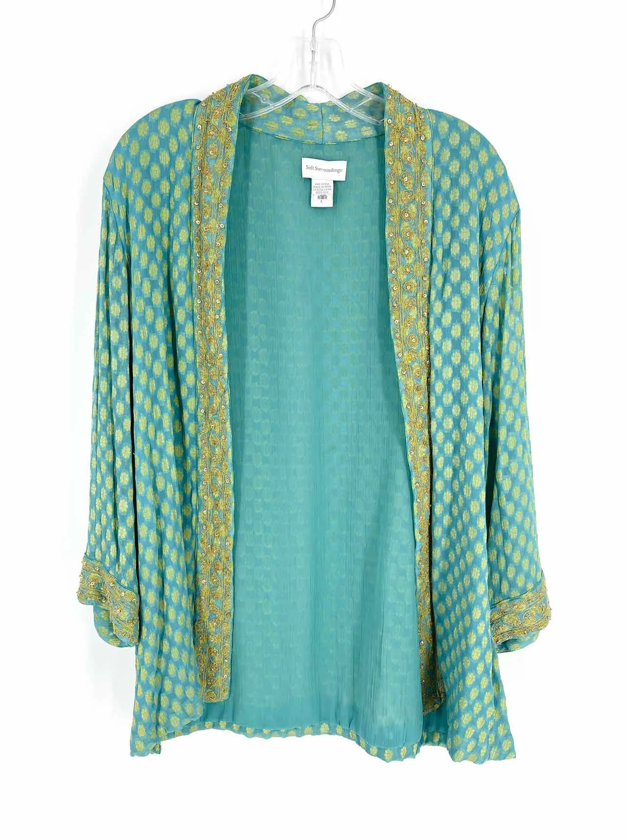 Soft Surroundings Size L Turquoise/Gold Sequined Print Cardigans Cardigan