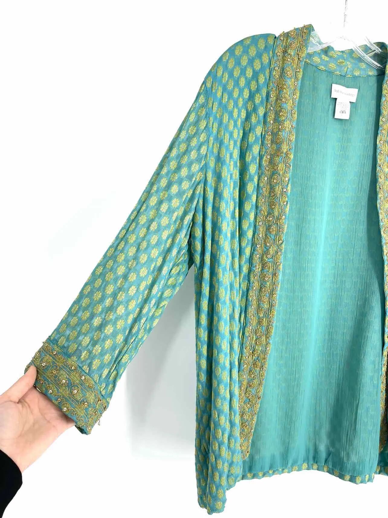 Soft Surroundings Size L Turquoise/Gold Sequined Print Cardigans Cardigan