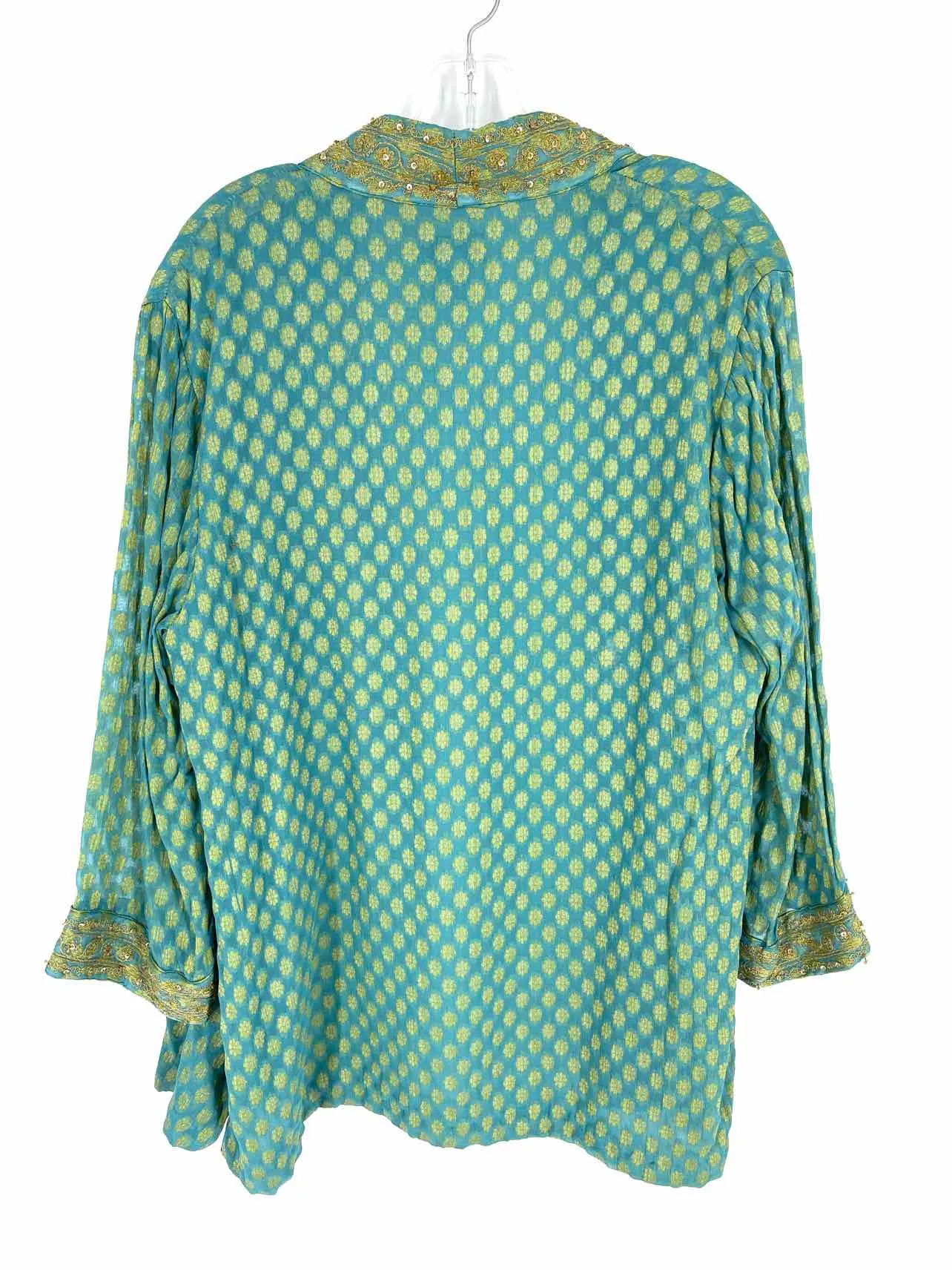 Soft Surroundings Size L Turquoise/Gold Sequined Print Cardigans Cardigan