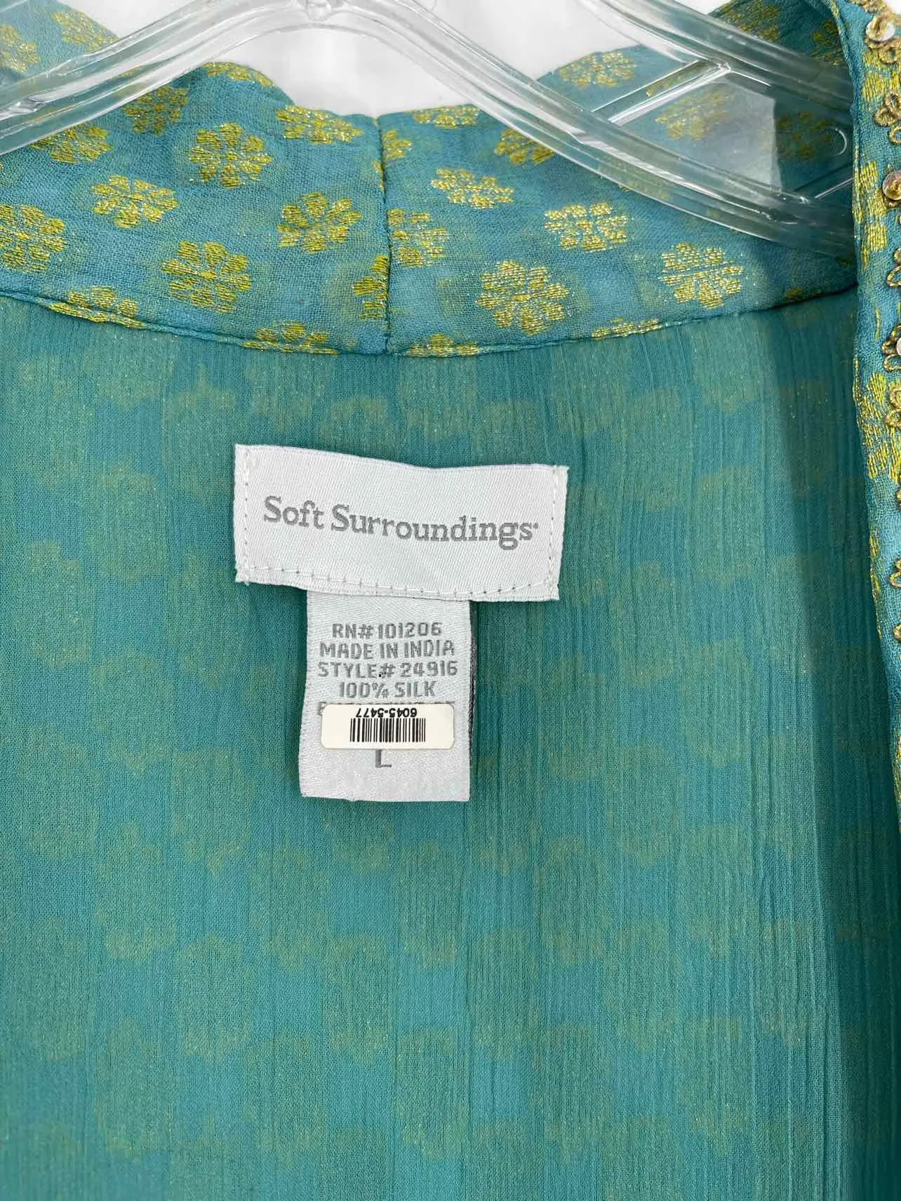 Soft Surroundings Size L Turquoise/Gold Sequined Print Cardigans Cardigan