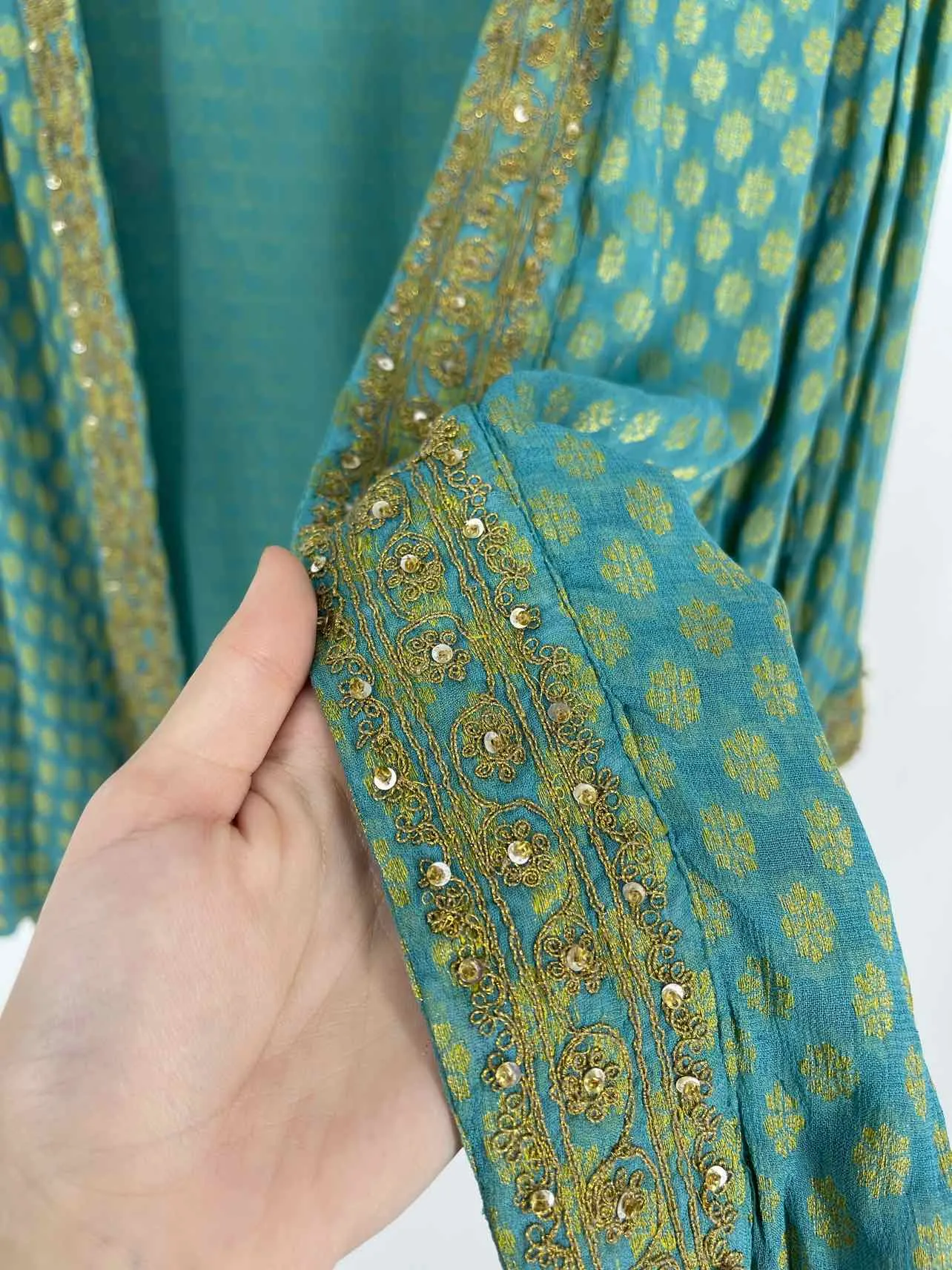 Soft Surroundings Size L Turquoise/Gold Sequined Print Cardigans Cardigan