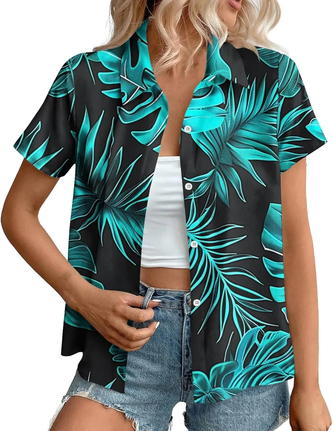 Summer Hawaii Shirts for Women Cool Floral Tropic Print V Neck Tops Button Up T-Shirt Trendy Beach Vacation Blouse