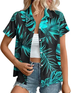 Summer Hawaii Shirts for Women Cool Floral Tropic Print V Neck Tops Button Up T-Shirt Trendy Beach Vacation Blouse