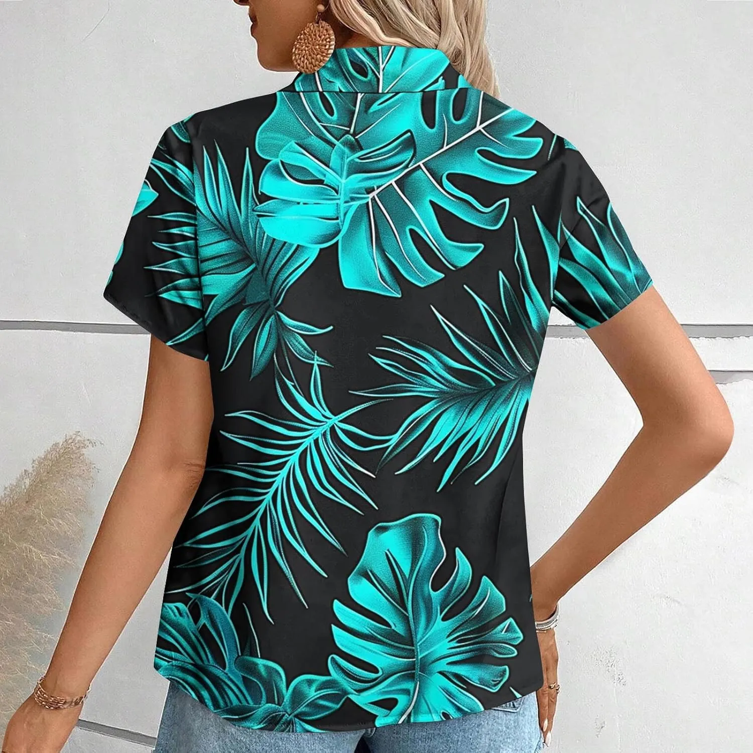 Summer Hawaii Shirts for Women Cool Floral Tropic Print V Neck Tops Button Up T-Shirt Trendy Beach Vacation Blouse